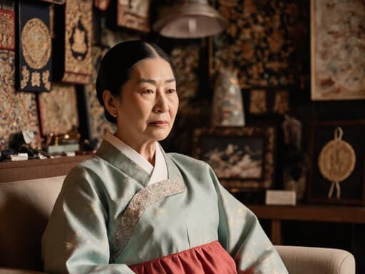 70대 혼혈 여성이 전통 한복을 입고 소파에 편안하게 앉아 무관심한 표정을 짓고 있는 반신 사진입니다. 그녀의 주변에는 전통 공예품이 전시된 공방의 내부가 자리 잡고 있습니다. 이 장면은 문화 유산의 본질을 포착하면서 그녀의 전통 의상에서 우아한 존재감을 강조하며, 공예품들이 배경에 깊이를 더합니다.