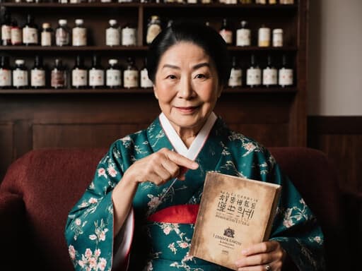 전통 한복을 입은 60대 흑인 여성의 반신 사진으로, 편안한 소파에 앉아 침술 서적을 가리키며 한의학에 대한 깊은 관심을 드러내고 있습니다. 소박한 한의원 배경에는 전통 치료 도구와 약재들이 진열되어 있습니다.
