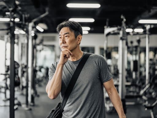 건강한 40대 한국 남성이 스타일리시한 스포츠웨어와 운동화를 착용하고, 스포츠 가방을 어깨에 메고 약간 앞으로 숙인 자세로 깊은 생각에 잠긴 표정을 지으며 현대적인 스포츠 센터의 다양한 운동 기구가 보이는 배경에서 촬영된 반신 사진.
