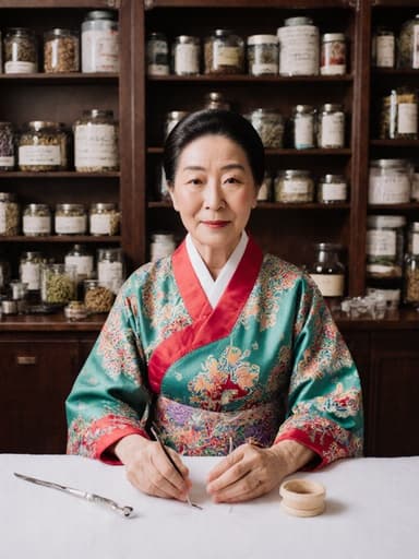 60대 아시아계 여성이 전통 한복을 입고 차분하고 신뢰감 있는 표정을 짓고 있는 반신 사진입니다. 그녀는 전통적인 한방 치료실의 테이블에 앉아 침 치료 도구를 손에 들고 있습니다. 배경에는 다양한 한방 약재와 치료 도구들이 배치되어 있어 전통 의학의 주제를 강조하는 진정한 분위기를 만들어냅니다. 부드럽고 따뜻한 조명이 장면의 차분하고 전문적인 분위기를 더욱 강조합니다.