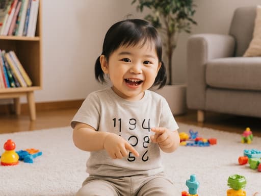 아늑한 거실 바닥에 앉아 숫자를 기쁘게 세고 있는 귀여운 3세의 동양인 소녀, 밝은 색상의 티셔츠와 편안한 바지를 입고 있습니다. 방은 장난감과 책들로 가득 차 있어 따뜻하고 초대하는 분위기를 만들어냅니다.