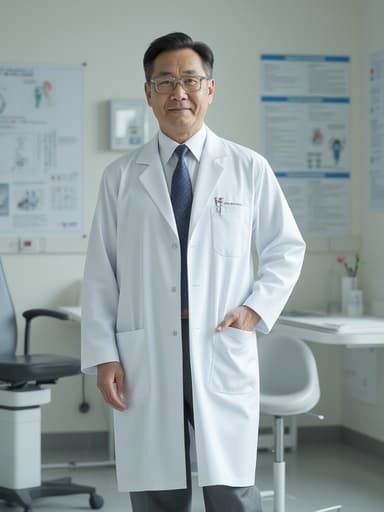 60대 한국인 남성 의사가 의사 가운, 흰색 셔츠, 넥타이를 입고, 한 쪽 발을 들어 올리며 신발을 신는 모습의 반신 사진. 편안한 표정을 지으며 의료 기기와 차트가 배치된 의료 검사실에서 촬영되었습니다.