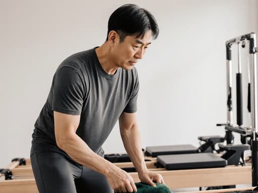 현대적인 필라테스 스튜디오에서 편안한 스포츠 의상을 입고 필라테스 기구를 정리하고 있는 40대 한국인 남성의 모습. 긴장한 표정이 집중력을 나타내며, 다양한 필라테스 기구가 배치된 공간에서 촬영되었습니다.