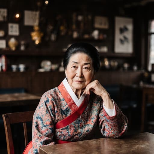 전통 한복을 입은 80세 백인 여성이 걱정스러운 표정을 지으며 손으로 턱을 괴고 카페 테이블에 앉아 있는 반신 사진입니다. 아늑한 카페 내부는 전통적인 소품으로 장식되어 있어 평화로운 분위기를 자아냅니다.