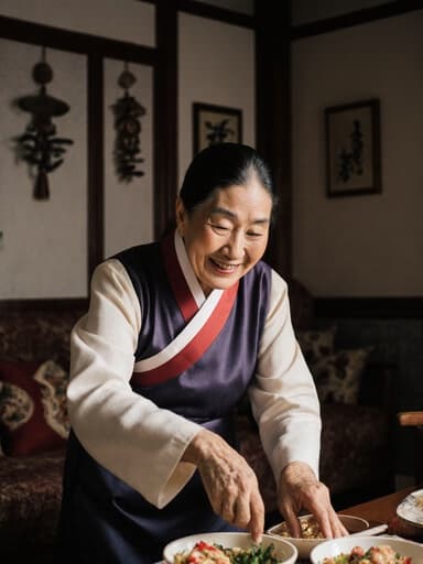 따뜻하고 매력적인 반신 촬영으로, 전통 한복을 입은 70대 동양인 여성이 행복한 미소를 지으며 전통 음식을 만들기 위해 재료를 준비하는 모습이 담긴 아늑한 거실의 이미지입니다.