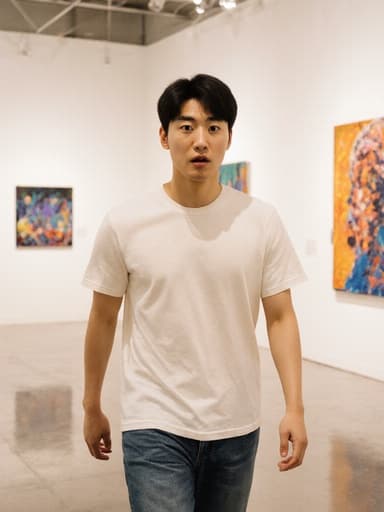 편안한 티셔츠와 청바지를 입은 10대 후반의 동양인 남성이 자연스러운 외모로 전체 몸을 보여주는 모습입니다. 그는 사진을 찍으려는 포즈로 걷고 있으며, 살짝 당황한 표정을 짓고 있습니다. 배경은 다양한 예술 작품이 전시된 갤러리 내부로, 밝은 조명이 비추어져 있어 생동감 넘치는 분위기를 자아냅니다. 이 이미지는 젊은 호기심과 예술 탐험의 즐거움을 포착하고 있습니다.