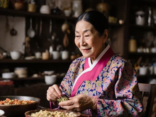 평온한 표정을 지으며 전통 음식을 만들기 위해 재료를 들고 있는 70대 동양인 여성의 모습. 화려한 전통 한복을 입고 아늑한 거실 배경 속에서 전통 요리를 위한 도구들이 정돈되어 있는 모습입니다.