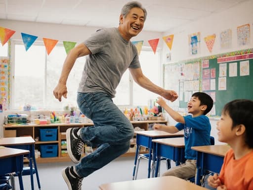 50대 친근한 한국인 남성이 화사한 교육 공간에서 아이들과 함께 즐겁게 점프하는 모습의 반신 사진입니다. 편안한 청바지와 캐주얼한 티셔츠를 입고 있으며, 자신감 넘치는 미소로 긍정적인 분위기를 만들어내고 있습니다. 잘 정리된 책상과 교육 자료들로 둘러싸인 모습입니다.