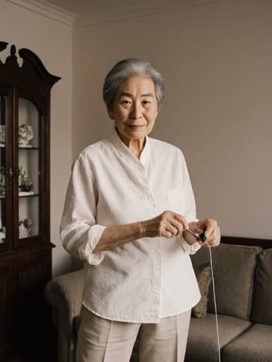 70대 한국인 여성이 자연스러운 외모로 편안한 면 소재 블라우스와 바지를 입고 바느질 도구를 들고 무관심한 표정을 짓고 있는 모습이 아늑한 거실 배경에서 촬영된 반신 사진.