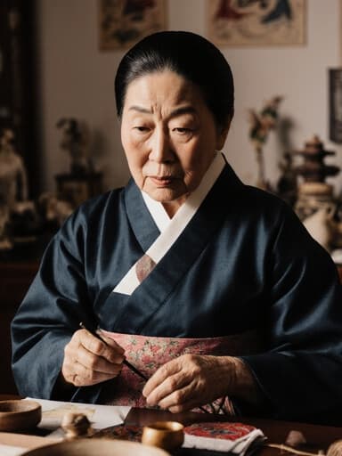 전통 한복을 입은 80대 혼혈 여성의 반신 사진으로, 지루한 표정을 지으며 전통 공예 도구를 들고 있는 모습입니다. 배경은 문화적 소품으로 가득한 전통적인 거실입니다.