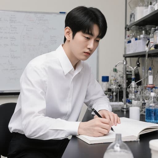 단정한 외모를 가진 10대 후반 한국인 남성이 깔끔한 흰색 셔츠와 블랙 바지를 입고 반신 촬영된 모습입니다. 그는 집중한 표정으로 노트에 글을 쓰며 펜을 쥐고 있습니다. 배경은 화이트보드와 다양한 실험기구가 있는 실험실로, 학문적인 분위기를 더합니다.