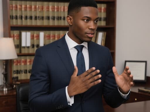 20대 아프리카계 남성이 세련된 정장을 입고 법률 상담실에서 손짓으로 설명하는 반신 촬영의 이미지. 신뢰감 넘치고 전문적인 분위기를 자아내며, 배경에는 책장과 상담 테이블이 있습니다.