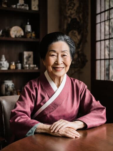 70대 백인 여성이 화려한 전통 한복을 입고, 아늑한 고전 스타일의 거실에 있는 카페 테이블에 앉아 따뜻하게 미소를 지으며 편안한 모습을 담고 있습니다. 그녀의 자연스러운 외모와 즐거운 표정은 편안함과 문화적 풍요로움을 느끼게 합니다.