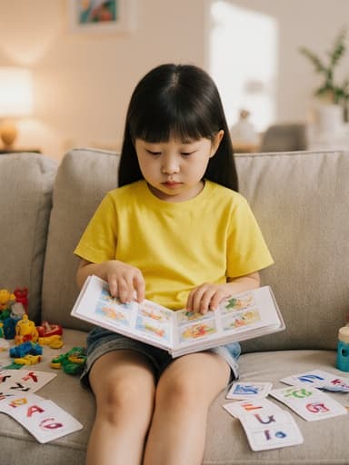 아늑한 거실의 소파에 앉아 있는 3세 한국인 여성의 반신 촬영 사진입니다. 그녀는 밝은 색상의 편안한 티셔츠와 반바지를 입고 있으며, 알파벳 책을 바라보며 지루한 표정을 짓고 손으로 페이지를 넘기고 있습니다. 배경에는 장난감과 알파벳 카드가 흩어져 있어 편안하고 아늑한 분위기를 만들어냅니다.