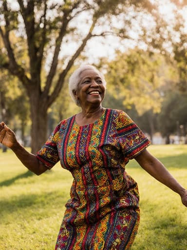 70대 흑인 여성이 화려한 전통 아프리카 의상을 입고, 푸른 잔디와 나무들로 둘러싸인 따뜻한 햇살 아래에서 기분 좋게 춤추고 있는 모습의 전체 바디 샷.
