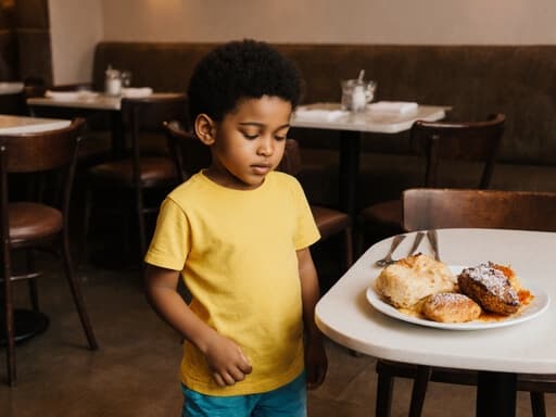 7세 남성 혼혈 아이의 반신 사진으로, 귀여운 외모를 가진 밝은 색상의 티셔츠와 반바지를 입고 졸린 표정을 지으며 아늑한 카페의 테이블 옆에 서서 놓인 음식을 바라보고 있습니다. 아늑한 카페 내부가 분위기를 더해주어 따뜻하고 매력적인 장면을 만들어냅니다.