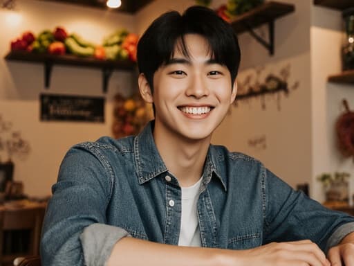 자신감 넘치는 10대 초반의 아시아계 남성이 편안한 농부 스타일의 셔츠와 청바지를 착용하고 카페 테이블에 편안하게 앉아 있습니다. 그의 손은 테이블에 얹혀져 있으며, 활기차고 긍정적인 미소를 지으며 웃고 있습니다. 배경은 따뜻한 색감의 아늑한 카페 내부와 농산물 관련 장식으로 꾸며져 있어 초대하는 분위기를 자아냅니다.