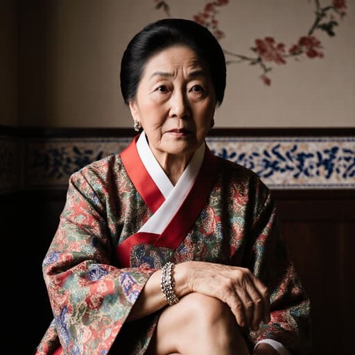 아늑한 카페에서 전통 한복을 입고 요리를 고민하는 70대 아시아 여성의 모습. 전통적인 장식이 있는 벽과 함께 문화적 느낌이 물씬 나는 장면입니다.