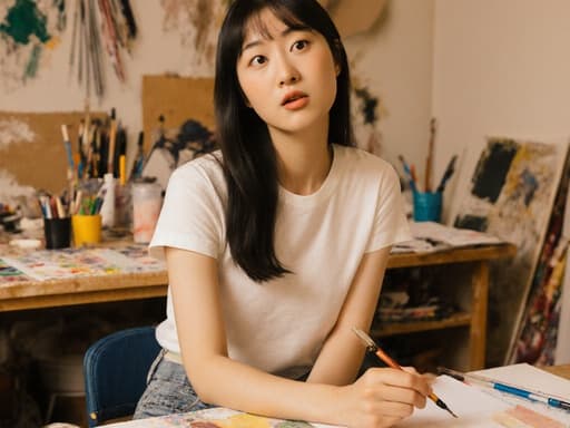 10대 후반의 동양인 여성이 자연스러운 외모로 아늑한 스튜디오 테이블에 앉아 다양한 그림 도구와 미완성된 작품들로 둘러싸여 있는 반신 샷입니다. 편안한 티셔츠와 청바지를 착용하고 그림 도구를 손에 들고 있으며, 고개를 약간 기울여 그리던 그림을 바라보며 당황한 표정을 짓고 있어 순간의 진정성을 더하고 있습니다.