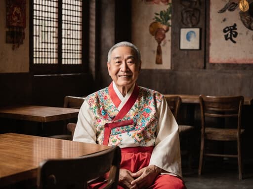 70대의 혼혈 남성이 화려한 자수가 있는 전통 한복을 입고, 아늑한 카페 테이블에 앉아 따뜻하게 미소 짓고 있는 반신 사진. 카페는 나무 가구와 한국 전통 장식으로 꾸며져 있어 환영하는 분위기를 자아냅니다.