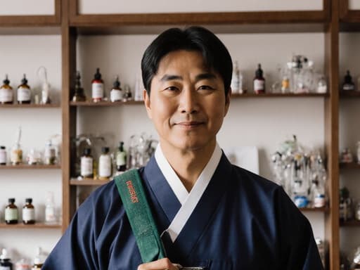 40대 아프리카계 남성이 전통 한복을 입고 어깨에 침 치료 가방을 메고 있습니다. 배경은 한방 약재와 치료 도구들이 잘 정돈된 전통 한의원이어서 따뜻하고 매력적인 분위기를 자아냅니다.