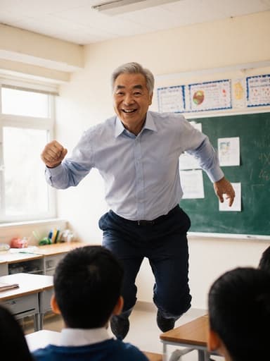 이 이미지는 60대 동양인 남성 교사가 단정한 셔츠와 바지를 입고 자신감 있게 미소 지으며 밝은 교실에서 점프하고 있는 모습을 담고 있습니다. 그는 학생들과 소통하며, 칠판과 책상이 배치된 공간에서 동기부여를 주는 긍정적인 학습 환경을 형성하고 있습니다.