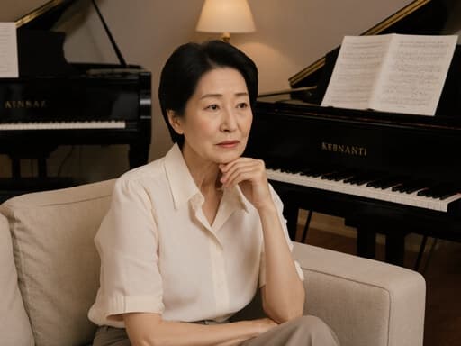 50대 한국인 여성이 자연스러운 외모로 아늑한 거실의 소파에 편안하게 앉아 있는 반신 사진입니다. 그녀는 캐주얼한 블라우스와 편안한 바지를 입고 있으며, 트렌디하면서도 여유로운 스타일을 보여줍니다. 긴장한 표정으로 손가락으로 턱을 괴고 깊이 생각하는 모습이 나타납니다. 음악 작곡을 위한 악기와 노트가 주변에 있어 따뜻한 분위기가 그녀의 집중력을 더욱 강조합니다.