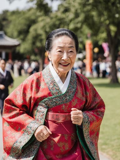 이미지는 화려한 전통 한국 한복을 입고 공원에서 즐거운 축제 분위기 속에서 달리고 있는 80대 아시아계 여성의 모습을 담고 있으며, 그녀의 평온한 미소가 주변 아름다운 자연 속에서 행복감을 전하고 있습니다.