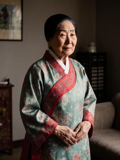 80대 한국인 여성의 전신 사진으로, 그녀의 자연스러운 아름다움을 보여줍니다. 전통 한복을 착용하고 있으며, 색감이 화려하고 우아하게 맞춰져 있습니다. 지루한 표정을 지으며 손을 허리에 얹고 서 있습니다. 배경은 전통 한국 가정의 거실로, 아늑한 소파와 차 받침대가 어우러져 따뜻한 분위기를 자아냅니다. 그녀의 복장과 문화적 배경 간의 연결을 강조하며 전통의 아름다움을 드러내는 구성입니다.
