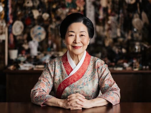 70대 아시아계 여성의 반신 사진으로, 자연스러운 외모를 지닌 그녀는 전통적인 한복을 입고 있습니다. 회의실 테이블에 앉아 손을 모으고 고마워하는 표정을 짓고 있습니다. 배경은 전통 공예품이 전시된 아늑한 작업실로, 장면의 문화적 분위기를 한층 돋보이게 합니다. 따뜻하고 초대하는 조명이 주제를 강조하며 조화로운 분위기를 만들어냅니다.