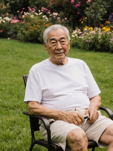 50대 아시아계 남성이 편안한 티셔츠와 반바지를 입고 정원 의자에 앉아 있습니다. 그는 청소 도구를 들고 있으며, 화사하고 푸른 잔디와 꽃들로 둘러싸인 정원 속에서 평온한 표정을 짓고 있습니다.