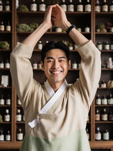 건강하고 활기찬 외모를 가진 30대 백인 남성이 전통 한복 스타일의 의상을 입고, 아늑한 전통 한의원에서 밝게 웃으며 스트레칭하고 있는 모습입니다.