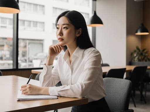 20대 동양인 여성이 반신 촬영으로 담겨 있으며, 깔끔한 블라우스와 정장 바지를 착용하고 있습니다. 그녀는 회의 테이블에 손을 올리고 메모를 하며 고민하는 듯 찡그린 표정을 짓고 있습니다. 아늑한 카페의 배경에서 따뜻한 조명이 분위기를 더해 주며, 회의에 집중하는 모습이 강조됩니다.