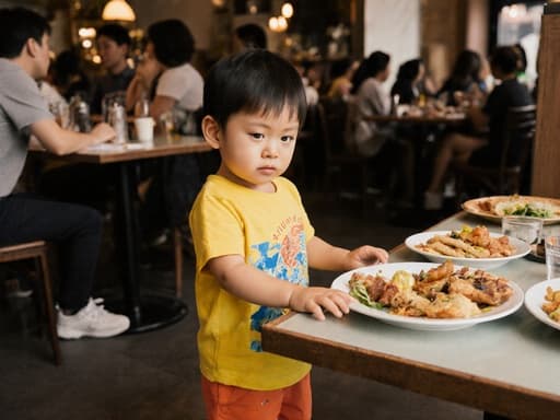 아늑한 카페에서 테이블 위의 음식을 지루한 표정으로 바라보며 서 있는 귀여운 3세 남성 동양인 아이의 반신 사진. 밝은 색의 티셔츠와 반바지를 입고 있음.