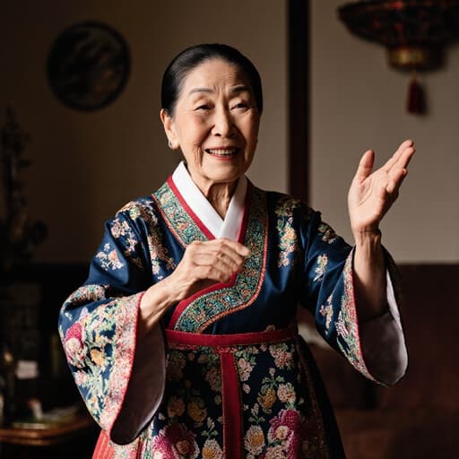 아늑한 거실에서 전통 한복을 입고 우아하게 춤추는 80대 동양인 여성의 반신 촬영. 그녀의 따뜻한 미소와 부드러운 움직임은 기쁨과 평온함을 표현합니다.