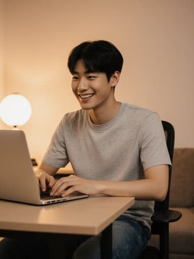 10대 후반 아시아계 남성이 자연스러운 외모로 반신 촬영된 이미지로, 캐주얼한 티셔츠와 청바지를 입고 있습니다. 그는 따뜻한 조명이 비추는 아늑한 사무실 환경에서 노트북 앞에 앉아 행복하게 미소 지으며 이메일을 작성하고 있습니다. 배경은 초대하는 분위기를 강조하여 그의 노트북과의 상호작용을 돋보이게 합니다.