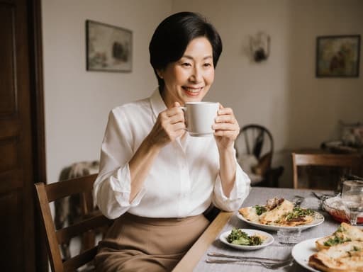 자연스러운 외모의 50대 동양인 여성이 편안한 블라우스와 에이치 라인의 치마를 착용하고, 따뜻하게 미소 지으며 커피를 잔에 담아 마시려는 자세의 반신 샷입니다. 아늑한 다이닝룸 배경에 요리된 음식과 우아한 식기가 놓여 있어, 커피와의 자연스러운 상호작용을 강조하는 따뜻하고 초대하는 분위기를 연출합니다.