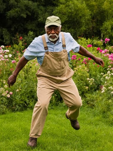 편안한 작업복과 모자를 착용한 80대 아프리카계 남성이 푸르른 정원에서 다양한 꽃들 사이에서 정원 가꾸기를 하며 점프하는 모습의 전신 샷입니다. 그의 지루한 표정은 장면에 유머를 더합니다.