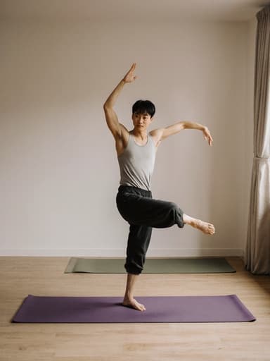 20대 동양인 남성이 편안한 요가복을 착용하고 춤추듯 유연하게 움직이는 모습을 전체 몸shot으로 담았습니다. 자연스러운 표정을 지으며 아늑한 요가 공간에서 부드러운 조명과 편안한 매트가 있는 배경을 가지고 있습니다.