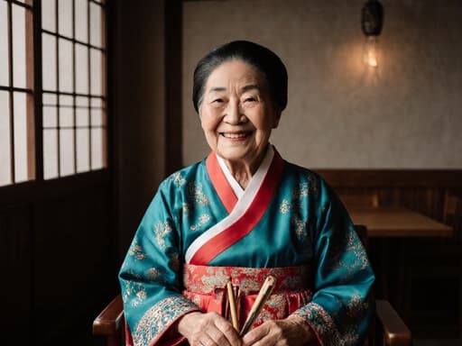 전통 한복을 입은 80대 한국인 여성이 아늑한 전통 카페의 의자에 앉아 따뜻하게 미소를 지으며 행복한 기분을 표현하고 있습니다. 그녀는 전통 놀이 도구를 손에 들고 있으며, 한국 문화의 정수를 담고 있습니다.