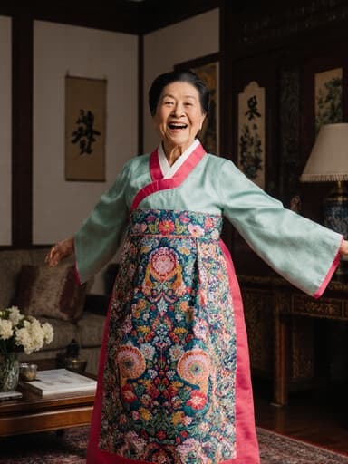 화려한 전통 한복을 입은 80세 아시아계 여성이 아늑한 전통 소품이 있는 거실에서 점프하며 행복한 감정과 편안함을 표현하고 있습니다.