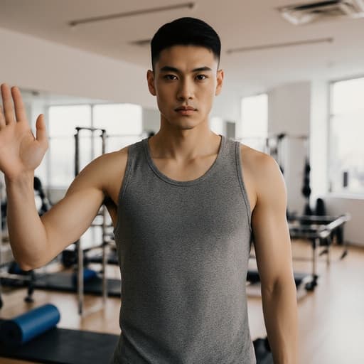 편안한 필라테스 복장을 착용한 20대 혼혈 남성의 반신 사진으로, 진지한 표정을 지으며 팔을 살짝 들어 인사하는 자세를 취하고 있습니다. 배경은 매트와 운동 기구가 배치된 현대적인 필라테스 수업실로, 차분하고 집중된 분위기를 연출하고 있습니다.