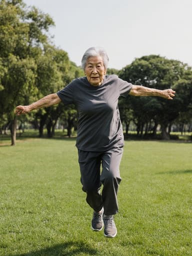 80대 한국인 여성의 전신 사진으로, 편안한 운동복을 입고 한적한 공원에서 팔을 벌리고 점프하는 모습입니다. 주름이 진 얼굴과 은발은 자연미를 드러내며, 외로운 표정은 고요한 환경 속에서 자유를 갈망하는 감정을 전달합니다.