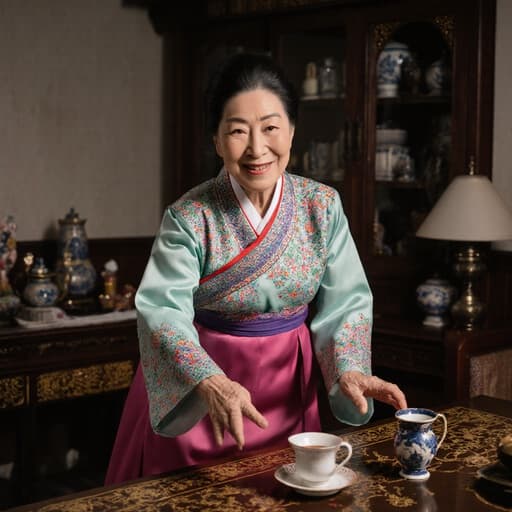 아늑한 거실에서 전통 한복을 입고 기쁘게 차례상을 향해 점프하는 70대 한국인 여성의 반신 촬영. 그녀는 평온한 표정과 따뜻한 미소를 지으며, 부드럽고 초대하는 배경 속에서 기쁨과 만족감을 표현하고 있습니다.