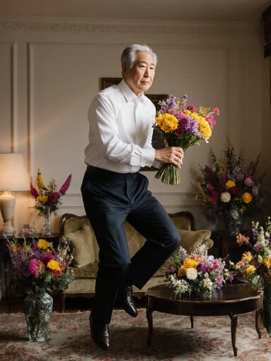 이 이미지는 60대의 세련된 한국 남성이 깔끔한 셔츠와 바지를 입고 꽃다발을 들고 점프하는 모습을 보여줍니다. 아름답게 꾸며진 거실에서 다양한 꽃 장식이 배경을 이루고 있습니다. 그의 진지한 표정은 즐거운 장면에 의외의 깊이를 더해 매력적인 비주얼 내러티브를 만들어냅니다.