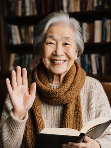 자연스러운 외모를 가진 80대 한국인 여성의 반신 사진으로, 편안한 니트 스웨터와 따뜻한 색상의 스카프를 착용하고 있습니다. 그녀는 책을 들고 인사하는 듯한 손동작을 하며 만족스러운 표정을 짓고 있습니다. 배경에는 아늑한 카페 내부와 책장이 있어 독서의 주제를 강조하며 따뜻한 분위기를 만들어냅니다.