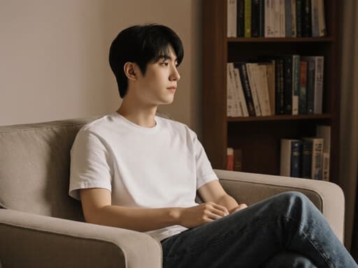 10대 후반의 한국인 남성이 아늑한 거실의 소파에 앉아 편안한 티셔츠와 청바지를 입고 있습니다. 자연스러운 외모와 차분한 표정으로 상담에 집중하며, 주위의 책장이 잘 배치되어 있어 따뜻한 분위기를 더해줍니다.
