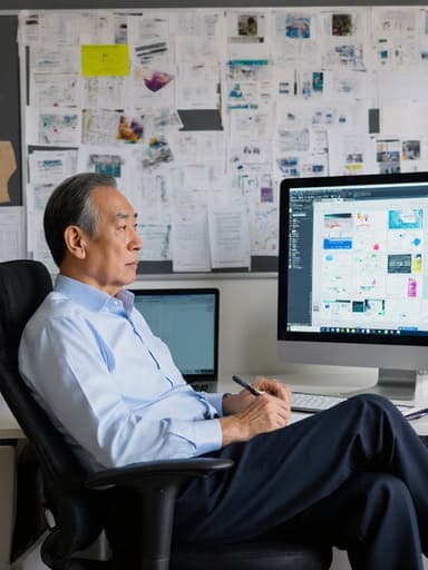 50대 아시아계 남성이 디자인 프레젠테이션을 위한 현대적인 컴퓨터실에서 반신 촬영된 모습입니다. 그는 깔끔한 셔츠와 슬랙스를 입고 있으며, 피곤하지만 집중한 표정으로 컴퓨터 화면을 바라보며 메모를 하고 있습니다. 배경에는 다양한 디자인 자료와 노트북이 배치되어 있어 창의적이고 집중된 분위기를 강조합니다.