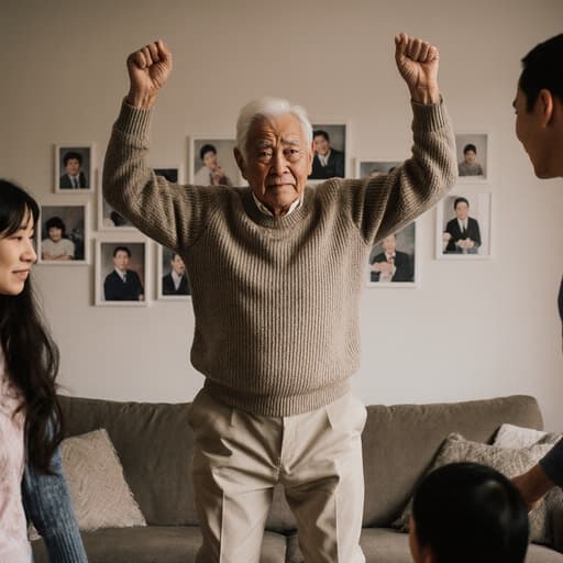 80대 동양인 남성이 주름이 많은 얼굴과 흰 머리를 가지고, 편안한 니트 스웨터와 면바지를 입고 가족을 향해 점프하며 환호하는 모습이 담긴 아늑한 거실의 사진. 벽에는 가족 사진이 걸려 있어 따뜻함과 함께 약간의 걱정스러운 표정을 나타내고 있습니다.