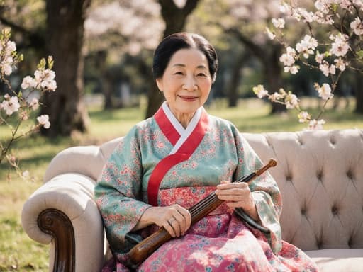 햇살이 비치는 공원에서 소파에 앉아 있는 80대 아시아계 여성의 평화로운 반신 샷. 그녀는 아름다운 패턴의 전통 한복을 입고 있으며, 손에는 전통 악기를 가볍게 올리고 있습니다. 온화하고 따뜻한 미소가 평화를 전하며, 나무와 꽃들이 어우러진 자연 배경이 그 장면을 감싸고 있습니다.